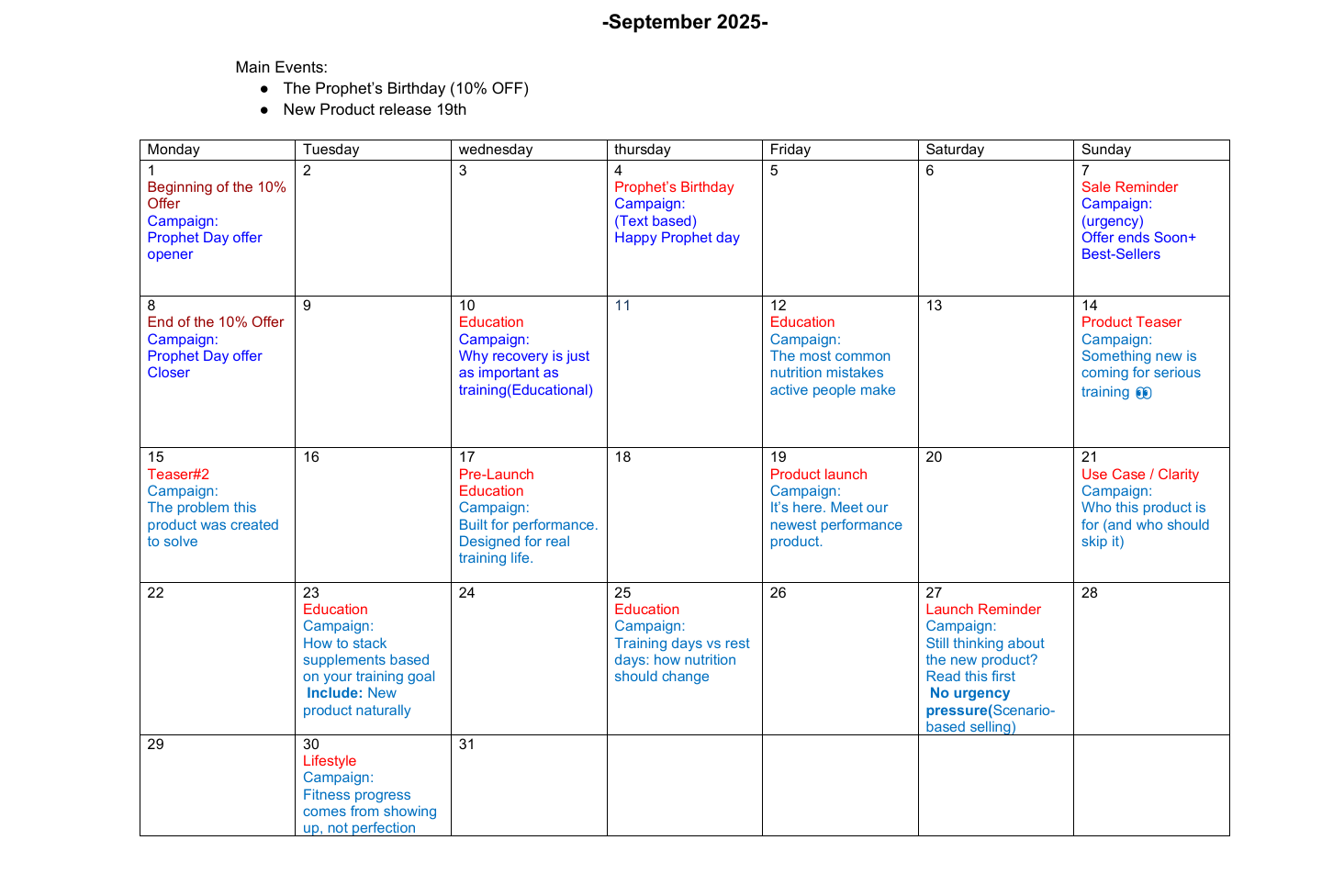 Campaign calendar example