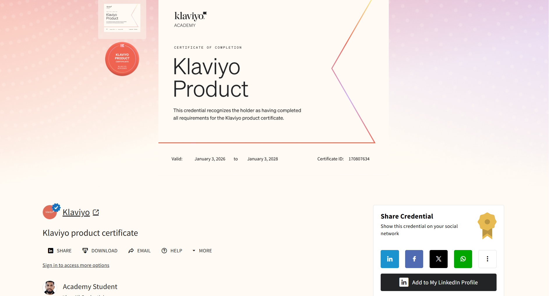 Klaviyo Product certification credential