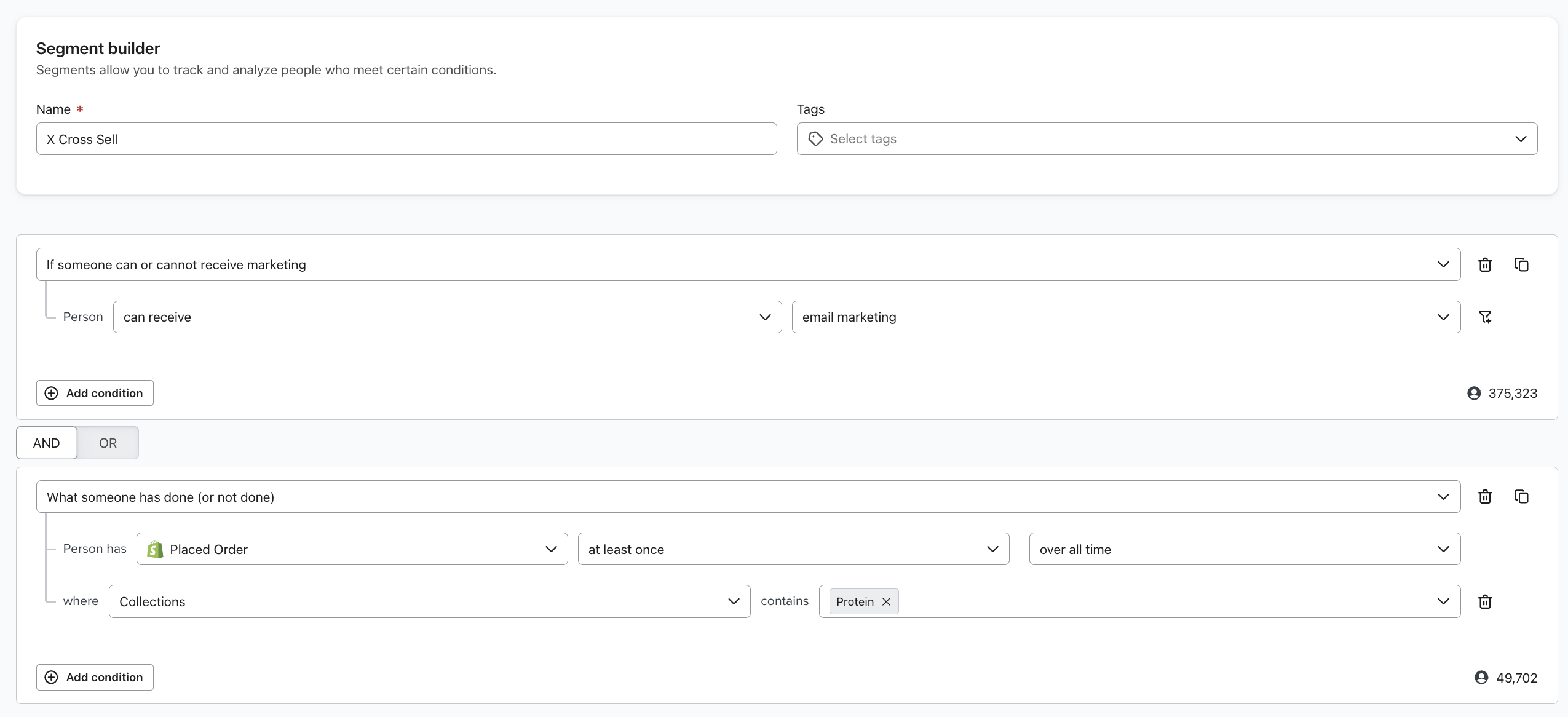 Product cross sell segment example